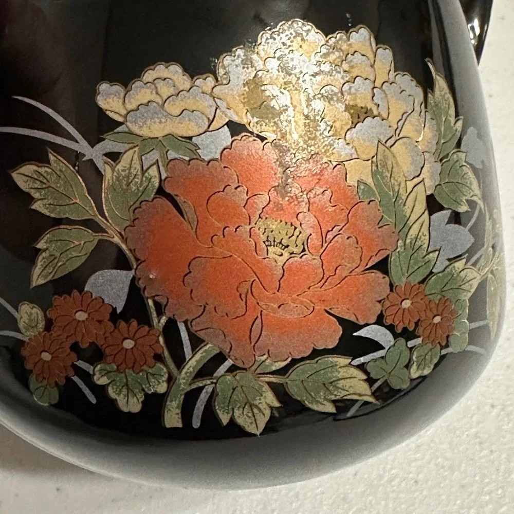 Japan Floral Peony Ceramic Teapot with Rattan Handle Black Vintage 4in